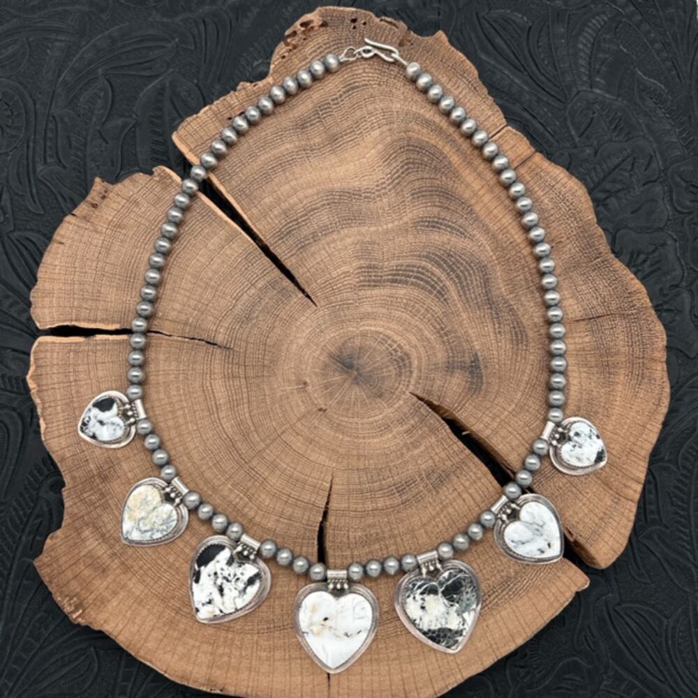 BUFFALO DANCER Taos Pueblo Sterling Silver & White Buffalo Beaded Heart Necklace